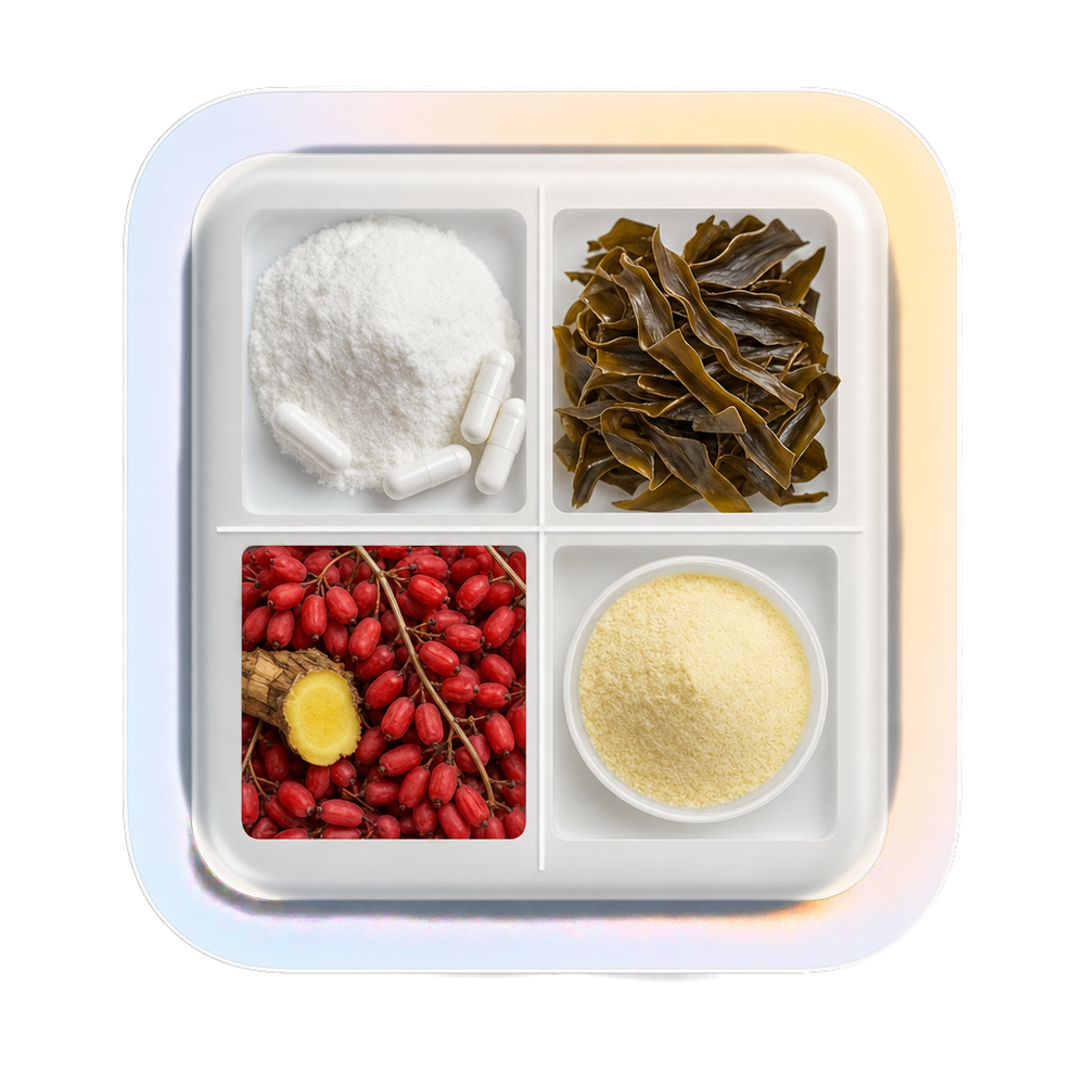 Glass tray with the four Night Burn ingredients